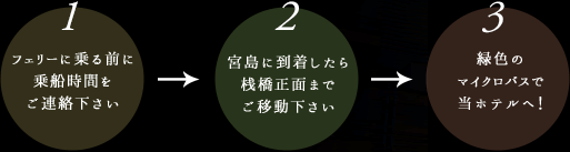 1.フェリーに乗る前に乗船時間をご連絡下さい　2.宮島に到着したら桟橋正面までご移動下さい　3.緑色のマイクロバスで当ホテルへ！